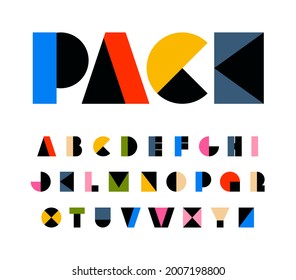 Rainbow color art alphabet, geometric letters for festival. Shapes primitive carnival font, birthday headline, kids zone and children toys logo.Funny and joy vibrant style type design,vector typeset