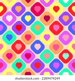 Rainbow color boxes fill with hearts, abstract backgrounds. Seamless pattern design. Paper, cloth, fabric, dress, napkin, spring, bed printing, gift, wrap. Matter, alternative, LGBTQ, banner, gender