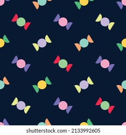 Rainbow Color Candy Wrap Icon Seamless Pattern. Halloween Valentine Sweet Treats Icon. Lollies, Confectionery for kids background. Fruity Candies wrapper snack packaging. Colorful simple wallpaper