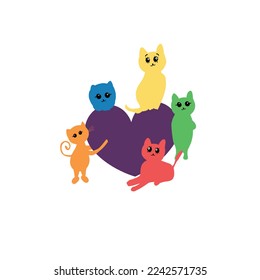 Rainbow color cats with heart shape