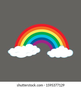 Rainbow color with clouds, sky. Cartoon vector illustration highlighted on grey. Summer symbol. Sticker, patch icon. Design for decorating the interior of a children's room, poster, postcard