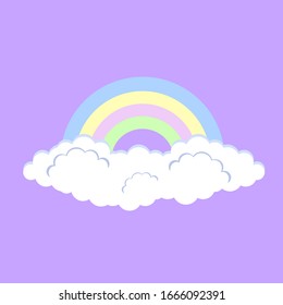 Rainbow color with clouds, sky. Cartoon vector illustration highlighted on blue. Summer symbol. Sticker, patch icon. Design for decorating the interior of a children's room, poster, postcard.