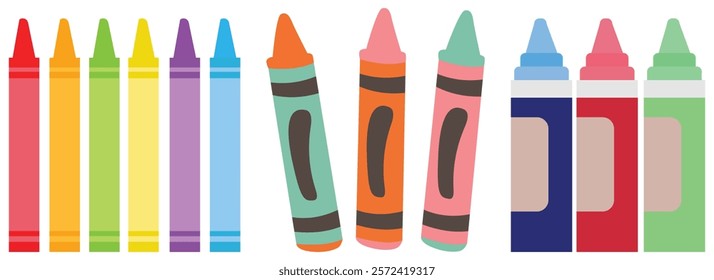 Rainbow color crayon wax pencil and wood pencil set for children. Color pencils of drawing and design element.