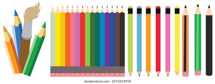 Rainbow color crayon wax pencil and wood pencil set for children. Color pencils of drawing and design element.