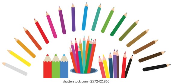 Rainbow color crayon wax pencil and wood pencil set for children. Color pencils of drawing and design element.