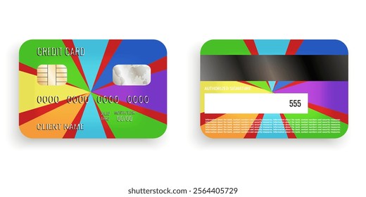 Rainbow color credit card template design isolated white background. Pride Month cardholder. Vector illustration for bank banner infographic.