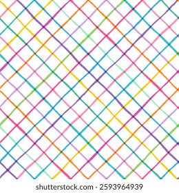 Rainbow color diagonal cross line grid vector seamless pattern, wavy mesh plaid lattice with thin striped lines, painted check background