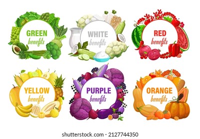 Rainbow color diet nutrition plates with colorful food. Natural nutrition and dieting system round vector banners with green, red and purple vegetables, yellow, orange and white fruits, diary products