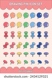 Rainbow Color Drawing Pins thumbtrack Post-it Note Memo Pin Set Pushpin Reminder Office Supplies Elements Stationery Vector Illustration