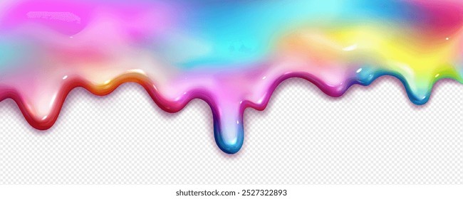 Regenbogen-Farbtropfen. 3D-Nagelfarbe Spritzer, Vektorhintergrund. Flüssiglack für Maniküre oder Kuchensirup undichte Grenze Illustration. Helle Lackschmelze. Glänzender Schleier fließt mehrfarbig. Art Acryl Gel