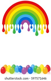 Rainbow with color drops that are dyeing easter eggs. Isolated vector on white background.