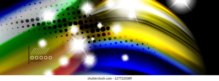 Afiche del flujo de las líneas de oleaje de color arcoiris. Vector de onda Diseño de formas líquidas