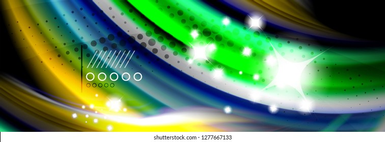 Afiche del flujo de las líneas de oleaje de color arcoiris. Vector de onda Diseño de formas líquidas