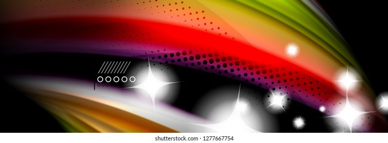 Afiche del flujo de las líneas de oleaje de color arcoiris. Vector de onda Diseño de formas líquidas