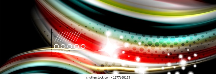 Afiche del flujo de las líneas de oleaje de color arcoiris. Vector de onda Diseño de formas líquidas