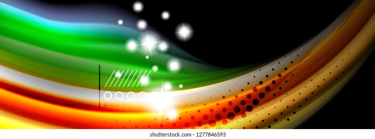 Afiche del flujo de las líneas de oleaje de color arcoiris. Vector de onda Diseño de formas líquidas