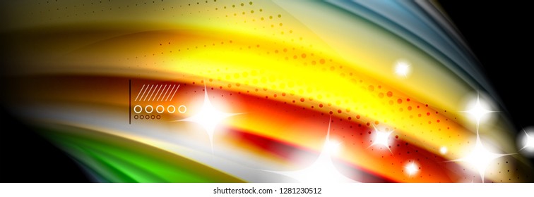 Afiche del flujo de las líneas de oleaje de color arcoiris. Vector de onda Diseño de formas líquidas