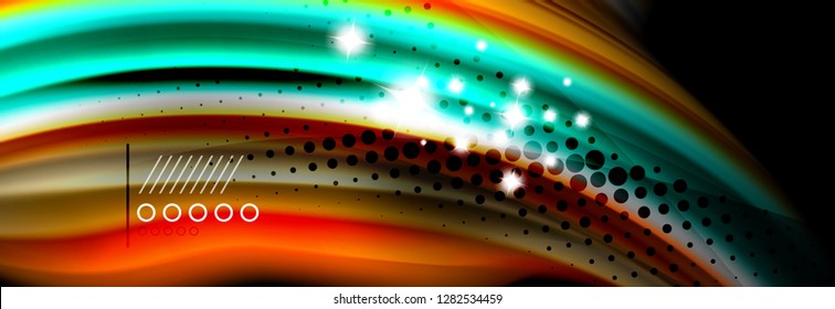Afiche del flujo de las líneas de oleaje de color arcoiris. Vector de onda Diseño de formas líquidas