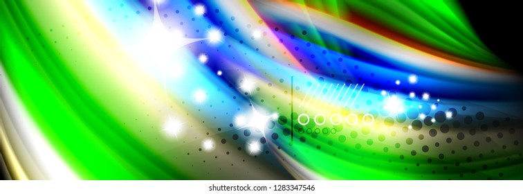 Afiche del flujo de las líneas de oleaje de color arcoiris. Vector de onda Diseño de formas líquidas