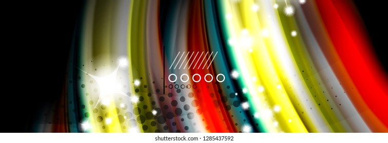 Pôster de fluxo de linhas de onda de fluido de cor do arco-íris. Vetor de onda Design de formas líquidas
