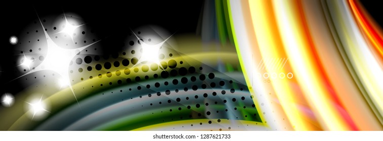 Pôster de fluxo de linhas de onda de fluido de cor do arco-íris. Vetor de onda Design de formas líquidas