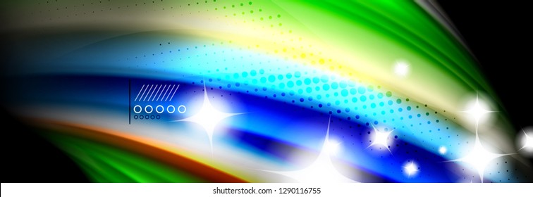 Afiche del flujo de las líneas de oleaje de color arcoiris. Vector de onda Diseño de formas líquidas