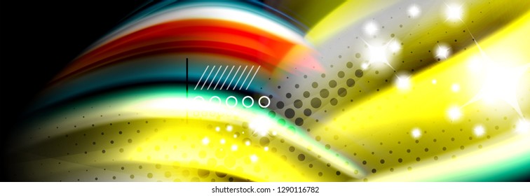 Afiche del flujo de las líneas de oleaje de color arcoiris. Vector de onda Diseño de formas líquidas