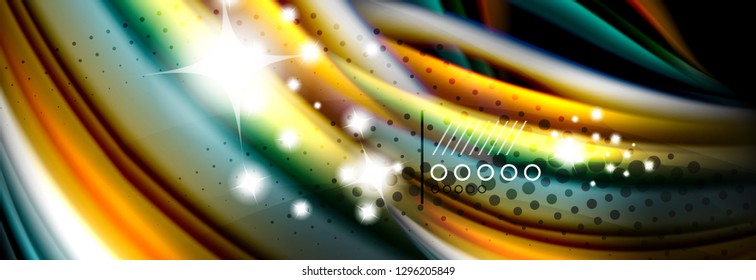 Pôster de fluxo de linhas de onda de fluido de cor do arco-íris. Vetor de onda Design de formas líquidas
