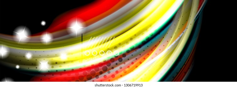 Afiche del flujo de las líneas de oleaje de color arcoiris. Vector de onda Diseño de formas líquidas