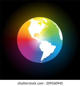 Rainbow color gradient planet earth with smooth aura. Isolated vector illustration on black background.