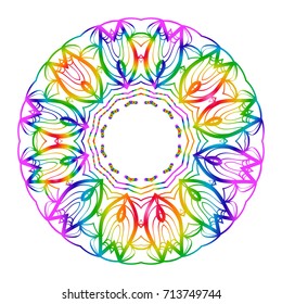 Rainbow color Hand-Drawn Henna Ethnic Mandala. Circle lace ornament. Vector illustration. for coloring book, greeting card, invitation, tattoo. Anti-stress therapy pattern.