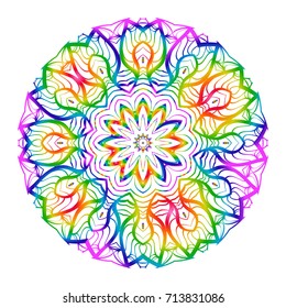 Rainbow color Hand-Drawn Henna Ethnic Mandala. Circle lace ornament. Vector illustration. for coloring book, greeting card, invitation, tattoo. Anti-stress therapy pattern.