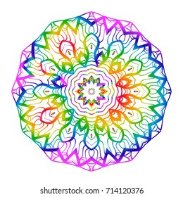 Rainbow color Hand-Drawn Henna Ethnic Mandala. Circle lace ornament. Vector illustration. for coloring book, greeting card, invitation, tattoo. Anti-stress therapy pattern.