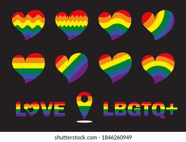 color arcoiris corazón Signos de diseño planos aislados en fondo negro Símbolo de comunidad LGBT, símbolo de orgullo LGBT, Juego de ocho iconos vectoriales de corazón, amor, pin y color arcoiris LGBTQ+
