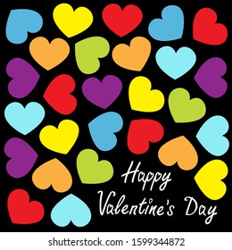 Rainbow color heart set. Happy Valentines day sign symbol. Cute graphic object. Flat design style. Love is love. Greeting card. Isolated. Black background. Vector illustration