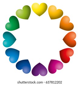 Rainbow color hearts arranged in a circle. Twelve heart symbols in unique color hues. Isolated illustration on white background. Vector.