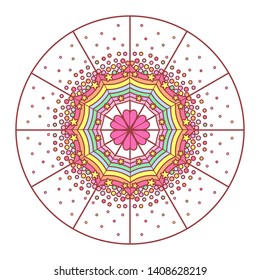 Rainbow color kawaii mandala design with yellow and pink stars