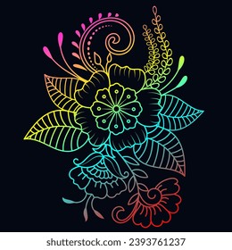 Ilustración vectorial de línea de color arcoiris, plantilla vectorial decorativa vintage colorida, adornos florales de color arcoiris.