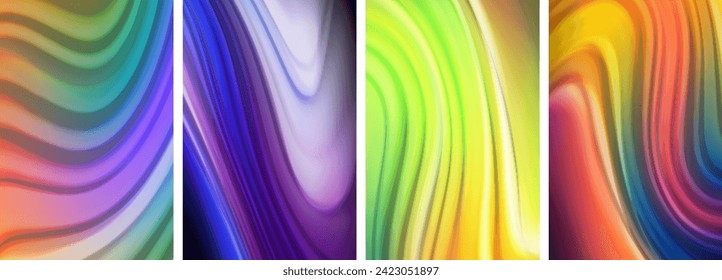 Líquido de color arcoiris. Juego de pósters de líneas de onda para papel de pared, tarjeta de visita, portada, afiche, pancarta, folleto, cabecera, sitio web