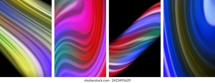 Líquido de color arcoiris. Juego de pósters de líneas de onda para papel de pared, tarjeta de visita, portada, afiche, pancarta, folleto, cabecera, sitio web