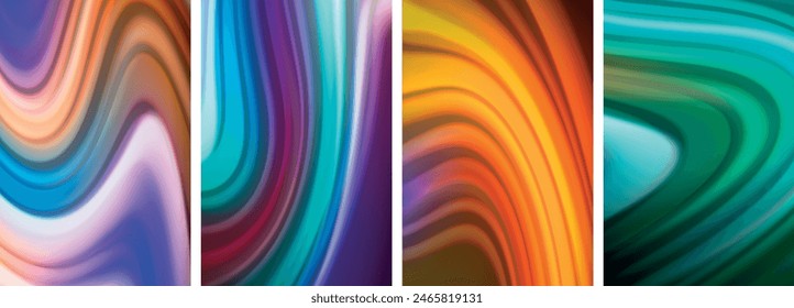 Regenbogenfarbenflüssigkeit. Wave Lines Poster Set für Bildschirmhintergrund, Visitenkarte, Cover, Poster, Banner, Broschüre, Header, Website