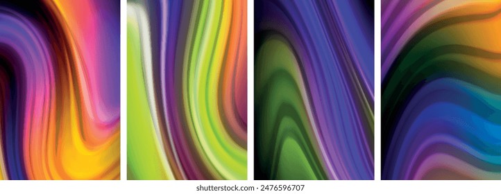 Regenbogenfarbenflüssigkeit. Wave Lines Poster Set für Bildschirmhintergrund, Visitenkarte, Cover, Poster, Banner, Broschüre, Header, Website