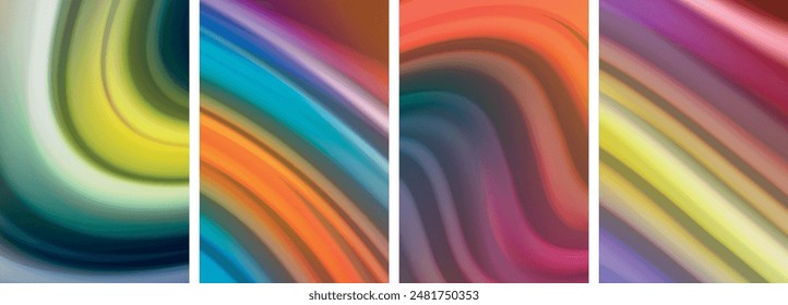 Líquido de color arco iris. Conjunto de póster de líneas de onda para Fondo de pantalla, tarjeta de visita, cubierta, póster, Anuncio, folleto, cabecera, Sitio web