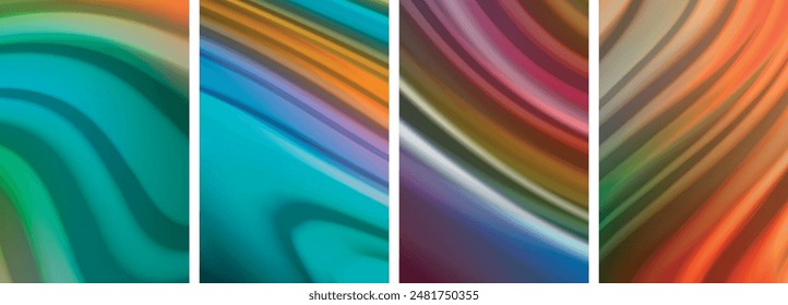 Líquido de color arco iris. Conjunto de póster de líneas de onda para Fondo de pantalla, tarjeta de visita, cubierta, póster, Anuncio, folleto, cabecera, Sitio web