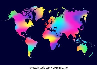 Mapa de colores del arcoiris. Mapa mundial neón. A nivel mundial. Los colores mapean el mundo sobre el fondo oscuro. Fondo multicolor para las impresiones de diseño. Multicontinentes. Tierra del planeta. Continente terrestre. Vector