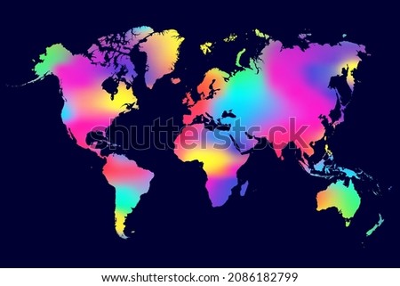 Rainbow color map world. Neon worldmap global. Worldwide globe. Colours map world on dark background. Multicolor backdrop for design prints. Multi continents. Planet earth. Land continent. Vector