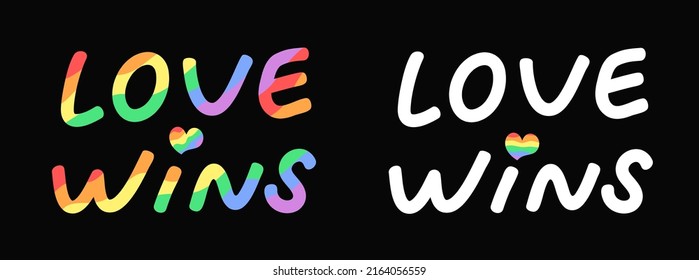 Rainbow color message "LOVE WINS" on dark background. Concept of pride month, LGBTQ+ equality. Flat vector illustration.