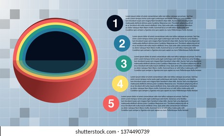 Rainbow color multi-layer of sphere with section view on square background. Design for presentation template consisting of 5 layers and options