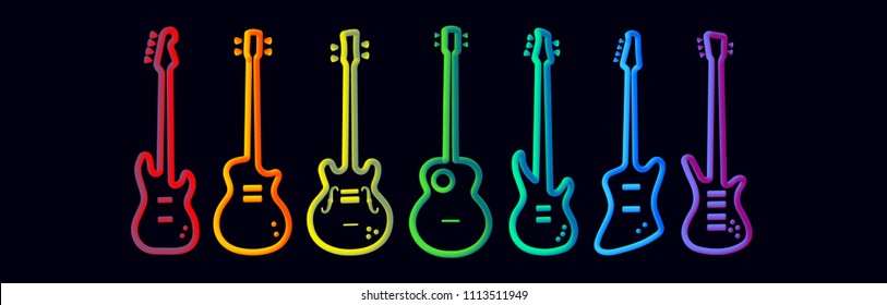 rainbow color musical instruments neon tubed silhouette abstract design concept rock band performance  electric guitar set