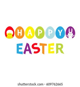 Rainbow color painted egg set line row. Happy Easter colorful text. Seven painting egg shell. Chicken, rabbit bunny. Greeting card. Flat design style. White background. Isolated. Vector illustration